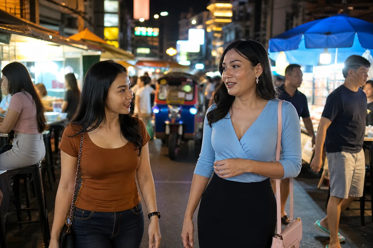 Evening street in Bangkok with food stalls and a trans woman walking with a friend