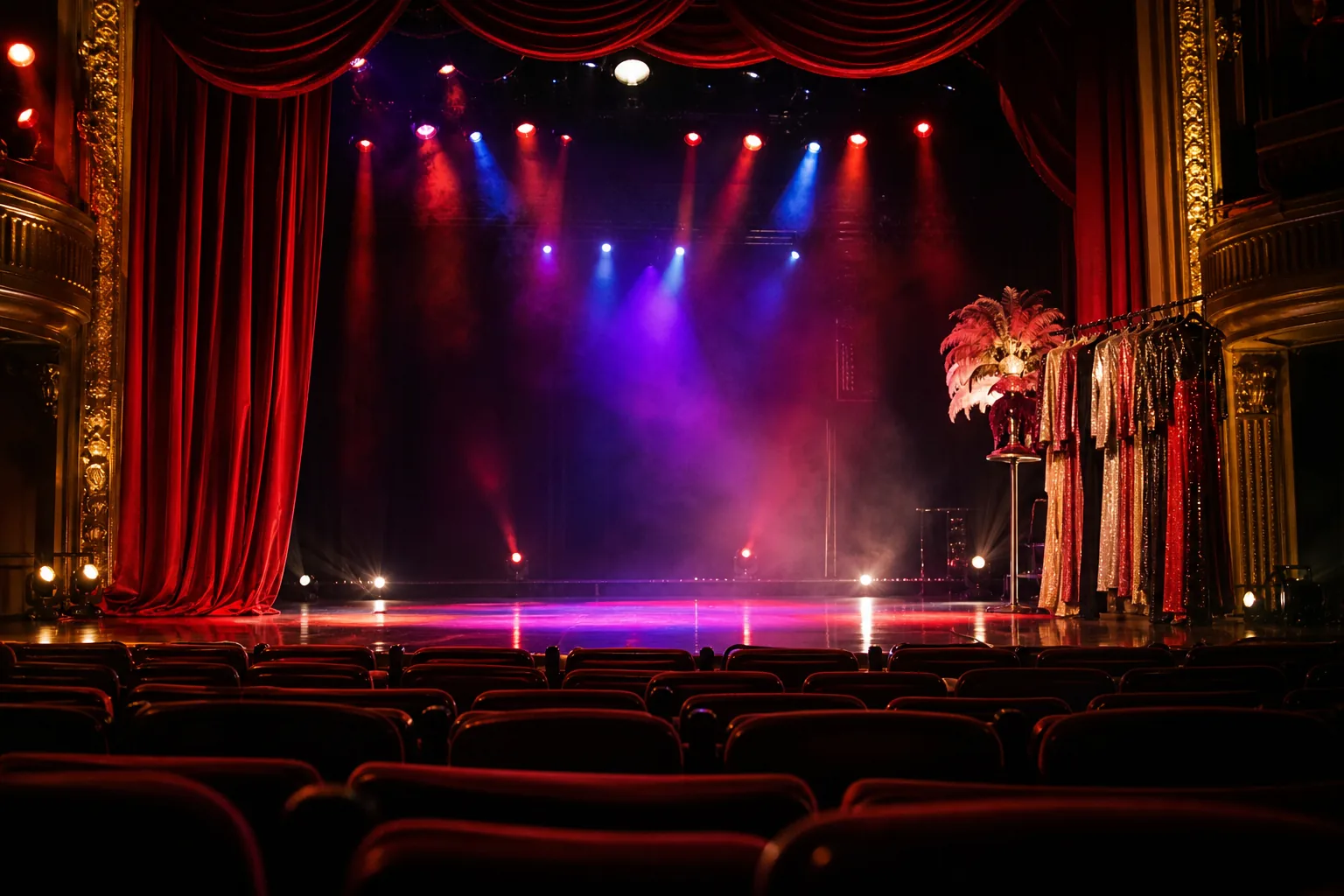 Cabaret stage lit in gold and purple with sequined curtains and spotlights