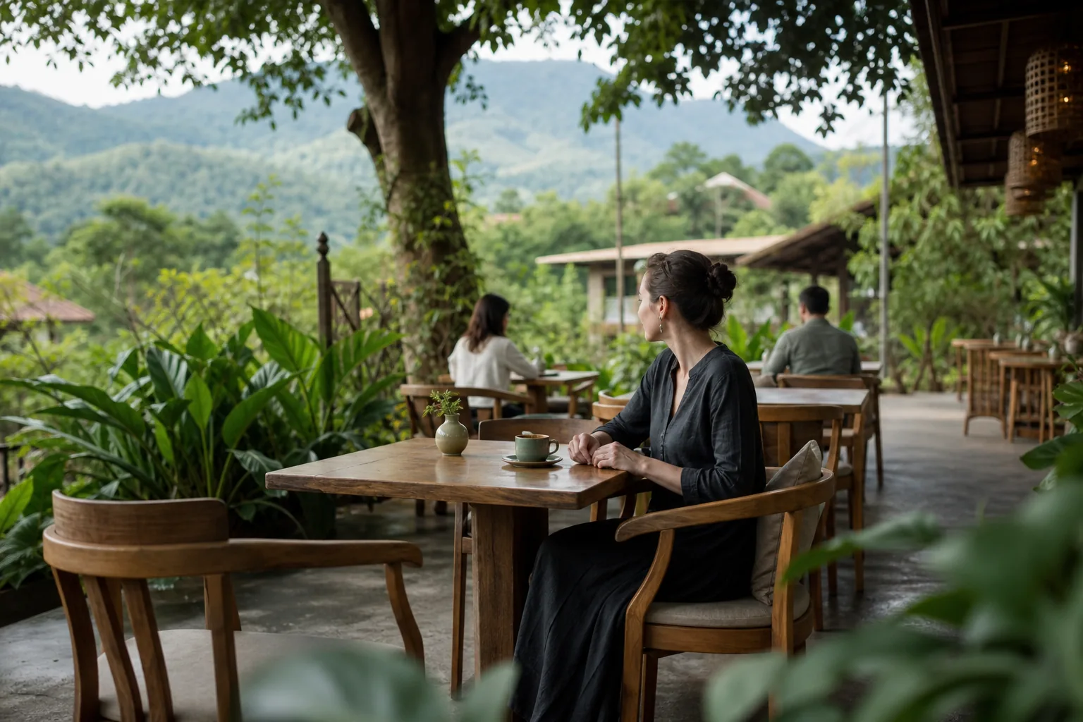 Bright cafe terrace in Chiang Mai with plants, wooden tables and soft morning light