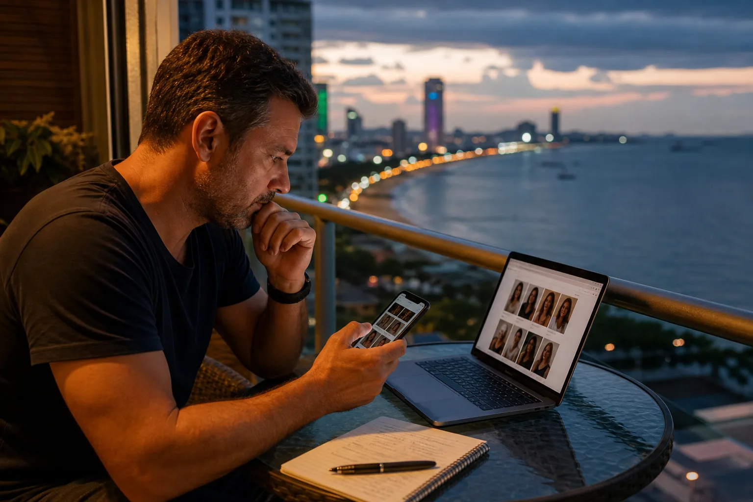 Man comparing dating sites on a laptop and phone on a Pattaya hotel balcony at dusk