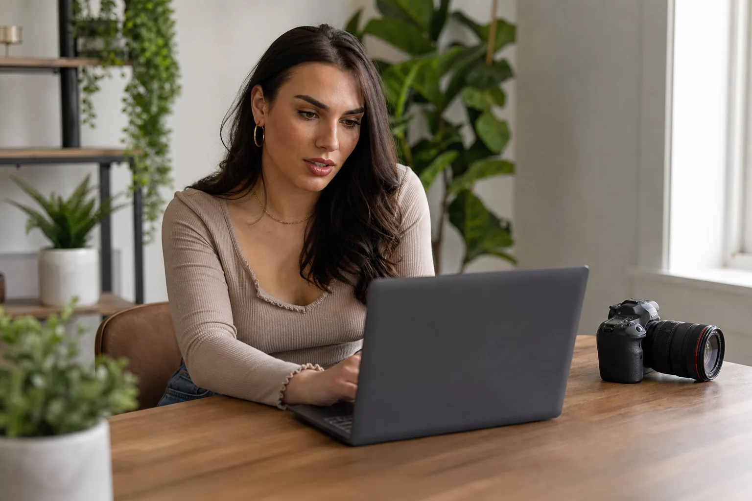 Creator editing photos on a laptop at her desk