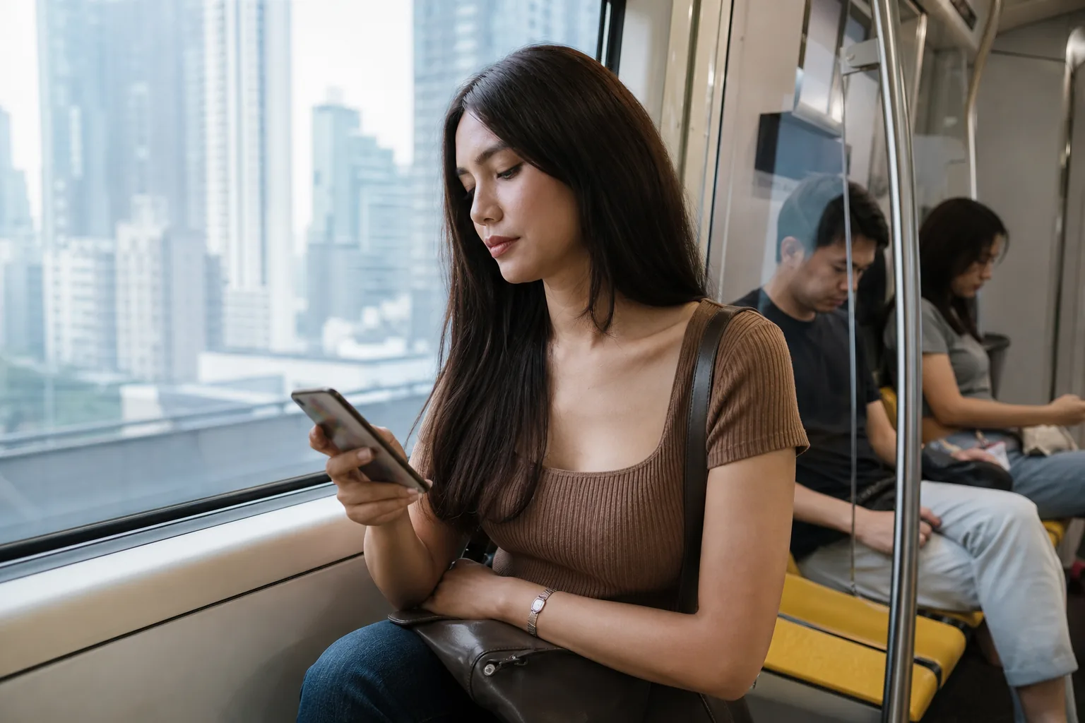 Woman browsing a dating app on her phone on the Bangkok skytrain