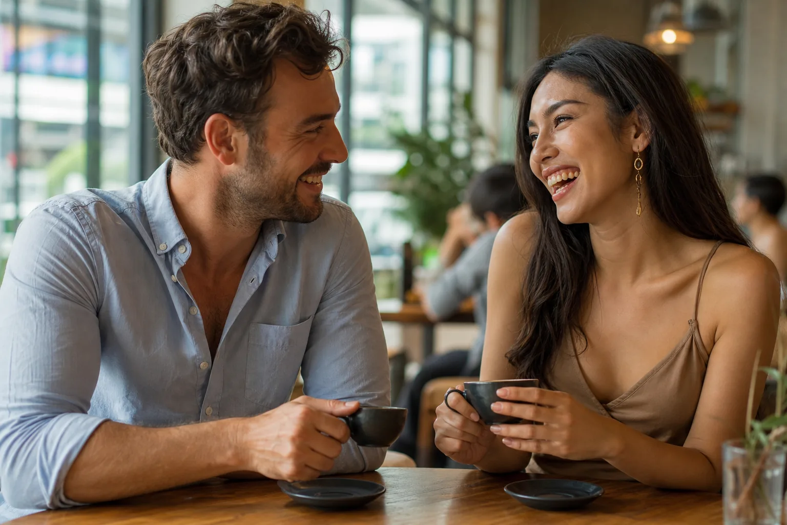 A couple on a relaxed coffee date in a Bangkok cafe