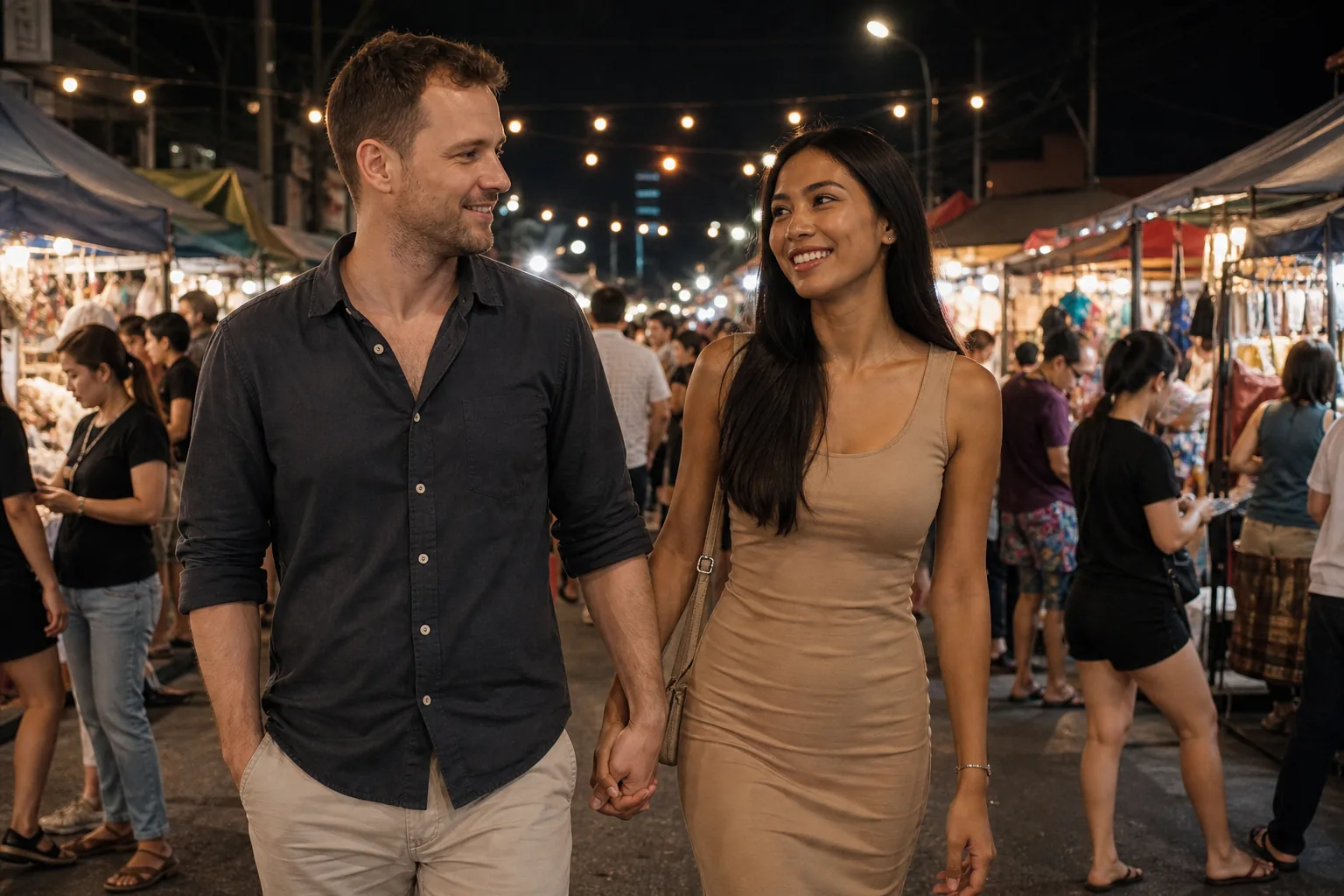 Couple walking hand in hand through a Bangkok night market