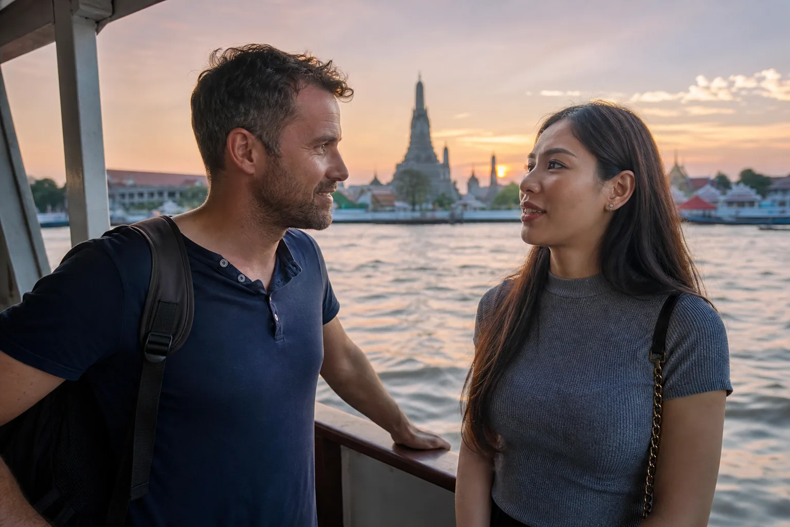 Couple on a river ferry in Bangkok at sunset