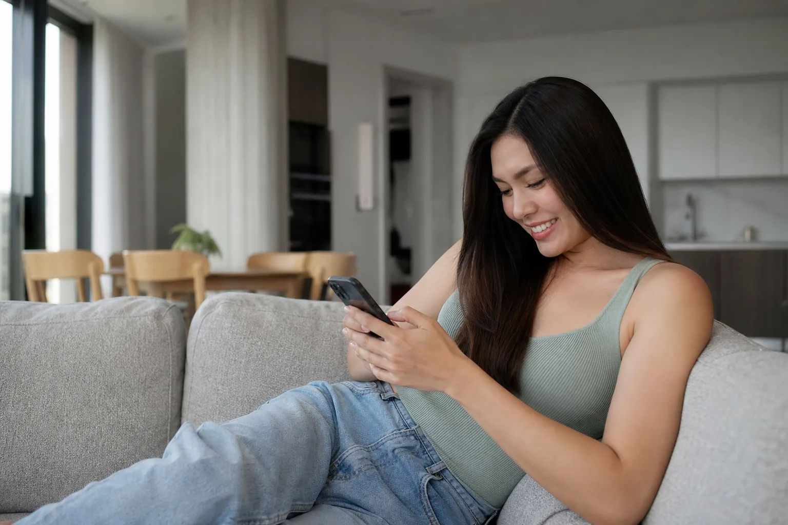 Trans woman smiling while reading messages on her phone
