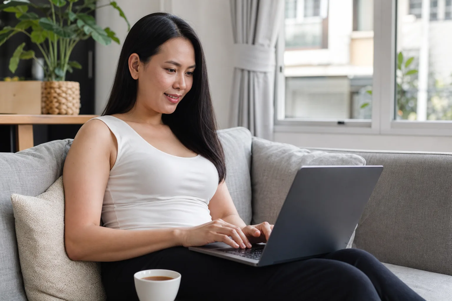 Woman creating an online account on a laptop at home