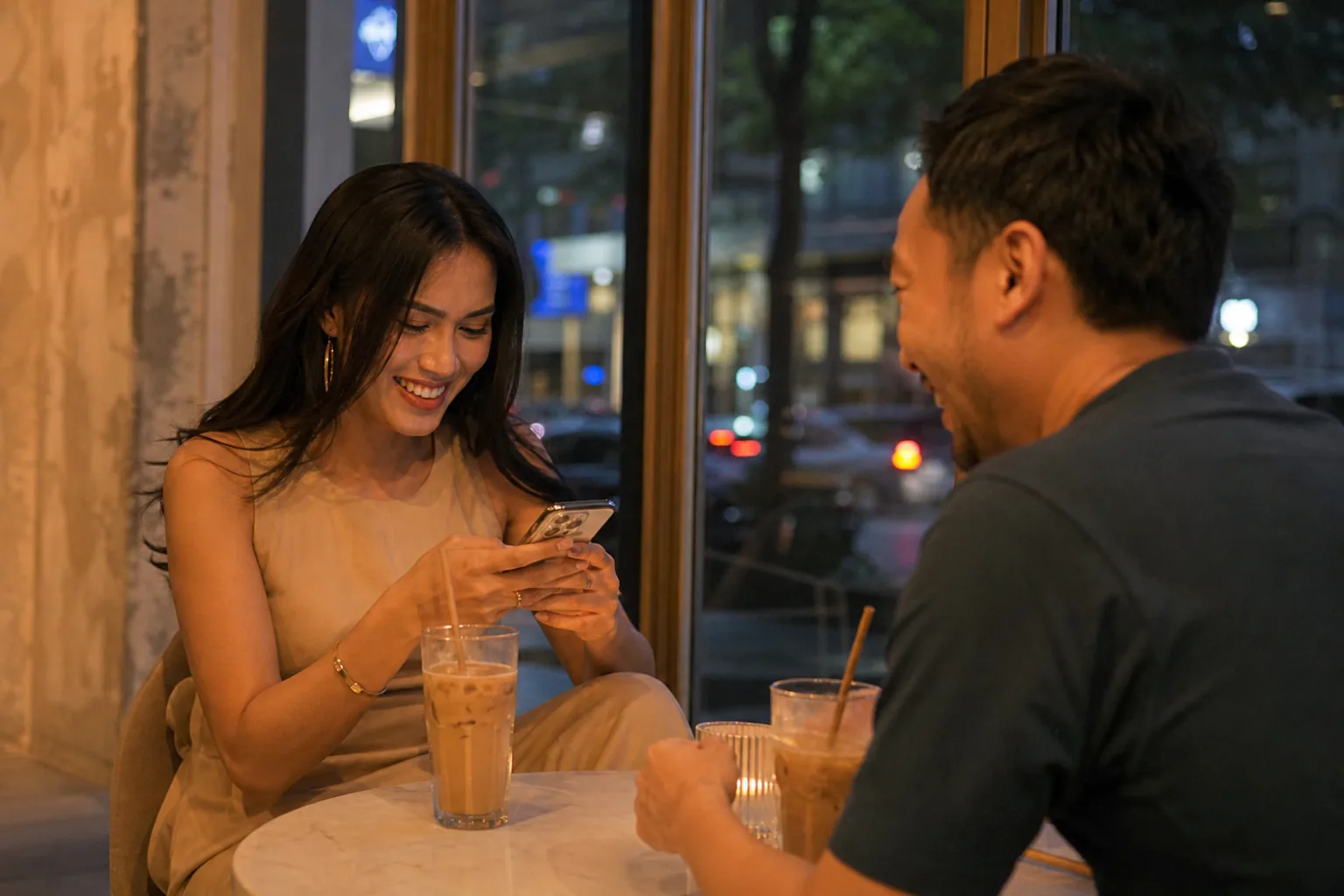 Couple chatting at a Bangkok cafe table while she reads messages on her phone