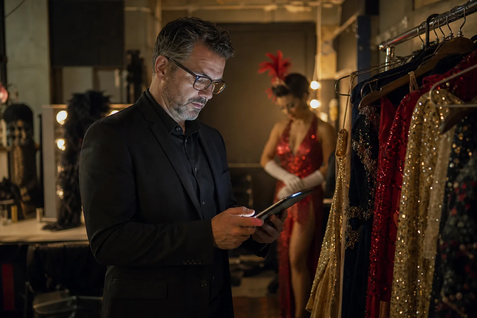 Backstage of a cabaret venue with costume racks and a stage manager