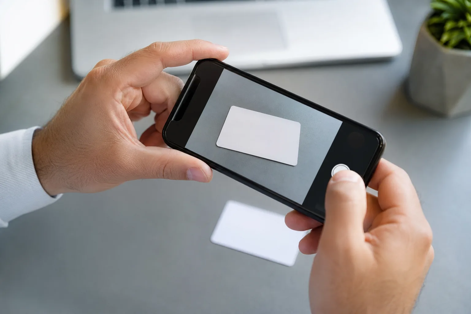 Hands photographing an ID card with a phone for online verification